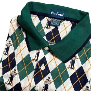 Par Four Men's‎ Golf Polo 2XL Tall Blue Green Argyle Print With Vintage Golfers